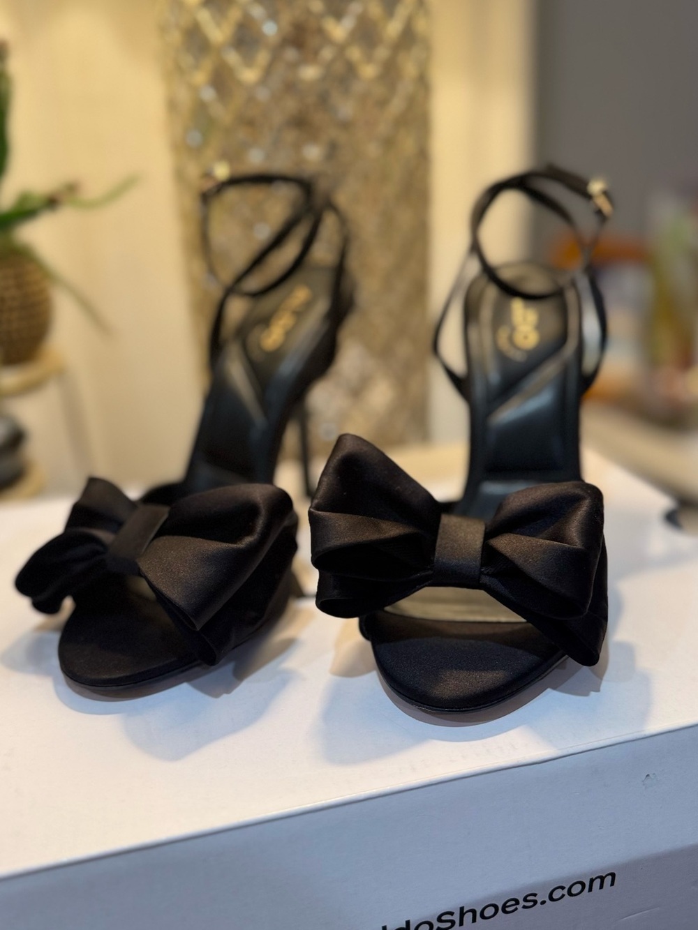 NEW Aldo Tinsletta Black Satin Bow Heels Size 7 Ankle Strap Stiletto - Picture 2 of 7